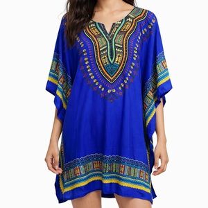 Sante classics Vibrant Blue Dashiki Caftan with Tribal Print OS